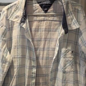 TOMMY HILLFIGER Cream Plaid Button-Down Shirt with Blue and Light Green Stripes